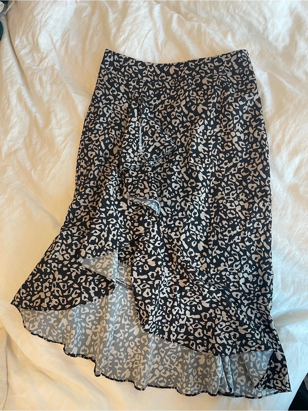 Nasty Gal Black and Cream Leopard Ruffle Midi Skirt